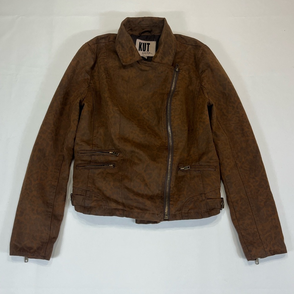 Kut From The Kloth Women’s S Cheetah Print Moto Zip Jacket Faux Suede